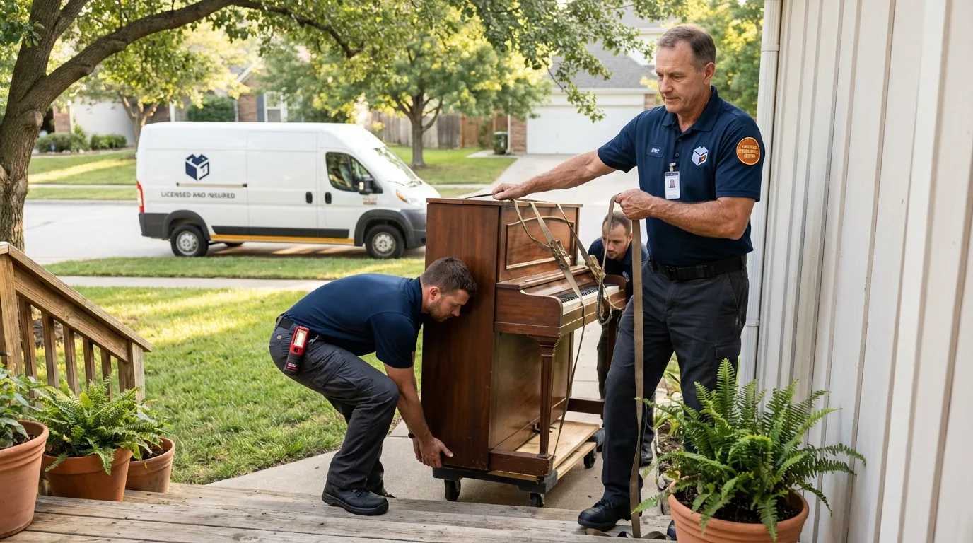 Licensed piano movers securing grand piano in Locust Fork, AL